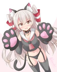 Rule 34 | 1girl, alternate costume, amatsukaze (kancolle), animal ears, animal hands, black panties, brown eyes, cat ears, cat tail, cowboy shot, crop top, elbow gloves, embarrassed, garter straps, gloves, grey gloves, grey thighhighs, hair tubes, highres, kantai collection, long hair, looking at viewer, neckerchief, one-hour drawing challenge, panties, paw gloves, red neckerchief, sailor collar, shirt, shizuna kaede, simple background, sleeveless, sleeveless shirt, solo, tail, thighhighs, two side up, underwear, white background, white hair, white sailor collar
