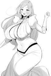Rule 34 | 1girl, absurdres, bleach, bleach: sennen kessen-hen, blush, breasts, covered erect nipples, greyscale, hand up, highres, hotate-chan, inoue orihime, large breasts, long hair, looking at viewer, midriff, monochrome, navel, open mouth, sideboob, smile, solo, stomach, thighs