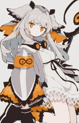 Rule 34 | 1girl, arknights, armband, bare legs, black footwear, black gloves, boots, coat, commentary, dress, feather trim, gloves, goggles, goggles around neck, grey coat, highres, holding, holding staff, long hair, looking at viewer, orange eyes, orange legwear, owl ears, ptilopsis (arknights), rhine lab logo, sikuku, simple background, solo, staff, veil, white background, white dress, white hair