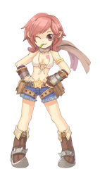 Rule 34 | 1girl, blacksmith, breasts, cleavage, highres, midriff, mouth hold, one eye closed, pink eyes, pink hair, ragnarok online, short hair, shorts, solo, tattoo, whitesmith (ragnarok online), wink