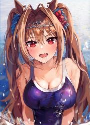 Rule 34 | 1girl, :d, animal ears, antenna hair, bare shoulders, blue one-piece swimsuit, blush, breasts, brown hair, cleavage, collarbone, commentary, crown, daiwa scarlet (umamusume), eyelashes, fang, hair between eyes, hair intakes, hair ornament, highres, horse ears, horse girl, in water, large breasts, long hair, looking at viewer, one-piece swimsuit, open mouth, red eyes, reum0602, school swimsuit, sidelocks, skin fang, smile, solo, swimsuit, tiara, twintails, umamusume, upper body, very long hair, water, water drop, wet