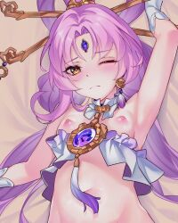 Rule 34 | 1girl, arm up, armpits, bandeau, blush, breasts, brown eyes, chouchou (austin), commentary request, detached collar, detached sleeves, forehead jewel, fu xuan (honkai: star rail), hair ornament, hair stick, highres, honkai: star rail, honkai (series), long hair, looking at viewer, low twintails, navel, nipples, one eye closed, parted bangs, pink hair, small breasts, solo, twintails