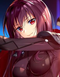 Rule 34 | 1girl, between breasts, bodysuit, breasts, fate/grand order, fate (series), long hair, looking at viewer, murakami yuichi, purple hair, red eyes, scathach (fate), scathach (fate), shoulder pads, smile, solo