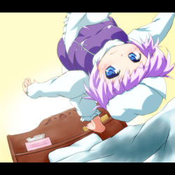 Rule 34 | 1girl, backflip, barefoot, bed, blue eyes, breasts, dutch angle, female focus, frown, hat, headboard, lapel pin, letterboxed, letty whiterock, long sleeves, looking at viewer, open hand, outstretched arm, pants, pillow, pin, purple hair, shirt, short hair, solo, tissue, tissue box, touhou, upside-down, vest, waribashi-p