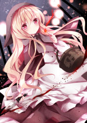 Rule 34 | 1girl, apron, basket, blonde hair, blood, cape, hood, knife, little match girl, long hair, long sleeves, looking at viewer, matches, nanase nao, original, pink eyes, solo, very long hair