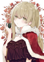 Rule 34 | 1girl, arm at side, blush, box, breasts, capelet, cecilia (shiro seijo to kuro bokushi), cleavage, commentary, dress, floral background, flower, frilled dress, frills, fur-trimmed capelet, fur trim, gift, gift box, green eyes, hair between eyes, hand up, holding, kazutake hazano, layered dress, long hair, looking at viewer, nail polish, open mouth, pale skin, parted lips, pom pom (clothes), red dress, red flower, red nails, rose, shiro seijo to kuro bokushi, short sleeves, solo, upper body, white background