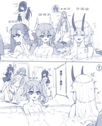 Rule 34 | !, 10s, 1boy, 2koma, 6+girls, :d, abigail williams (fate), akashi (kancolle), bad id, bad pixiv id, bare shoulders, blue theme, blush, breasts, character request, cleavage, collarbone, comic, covering privates, covering breasts, crossover, fate/extra, fate/extra ccc, fate/grand order, fate (series), flower, glasses, hagikaze (kancolle), hair flower, hair ornament, hairclip, handjob gesture, harusame (kancolle), highres, horns, kantai collection, keyhole, kiyohime (fate), long hair, meltryllis (fate), monochrome, multiple girls, navel, nude, oni, onsen, open mouth, scathach (fate), scathach (fate), scathach (swimsuit assassin) (fate), side ponytail, smile, tomoe gozen (fate), water, wulazula
