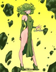 Rule 34 | 1girl, bare legs, breasts, bridal gauntlets, closed mouth, curly hair, curvy, dress, female focus, full body, green dress, green eyes, green hair, high heels, kameseru, looking at viewer, no panties, one-punch man, rock, small breasts, solo, standing, tatsumaki, thick thighs, thighs, turtleneck, turtleneck dress