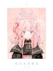 Rule 34 | 1girl, :p, angel wings, animal ear fluff, animal ears, black jacket, black shirt, blue hair, bow, cat ears, cat girl, cat tail, earrings, frills, hair ribbon, highres, jacket, jewelry, long hair, looking at viewer, multicolored hair, original, painting (medium), pink background, pink hair, purple eyes, red ribbon, ribbon, romaji text, shirt, solo, straight-on, tail, tetora u u, tongue, tongue out, traditional media, two side up, upper body, watercolor (medium), white ribbon, white wings, wings