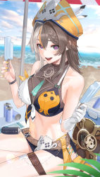 Rule 34 | 1girl, :d, absurdres, beach, belt, bikini, blonde hair, breasts, brown hair, cleavage, covered collarbone, energy drink, front-tie bikini top, front-tie top, gloves, grey hair, hair between eyes, hat, hat feather, highres, holding food, holding ice cream, honkai (series), honkai impact 3rd, ice cream, kfr, large breasts, long hair, looking at viewer, multicolored hair, ocean, open mouth, shorts, smile, solo, summer, sweat, swimsuit, teeth, thigh belt, thigh strap, thighs, upper teeth only, vill-v