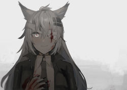 Rule 34 | 1girl, animal ear fluff, animal ears, arknights, bandage over one eye, bandages, black jacket, black nails, blood, blood on clothes, blood on face, bloody bandages, chihuri, closed mouth, collared shirt, grey eyes, grey hair, grey necktie, hair between eyes, hair ornament, hairclip, hand up, highres, jacket, lappland (arknights), long hair, nail polish, necktie, open clothes, open jacket, shirt, smile, solo, upper body, white shirt