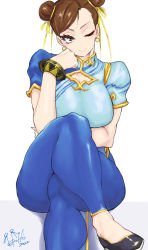 Rule 34 | 1girl, ;), artist name, blue dress, blue leggings, bracelet, breasts squeezed together, breasts, brown hair, capcom, china dress, chinese clothes, chun-li, closed mouth, clothing cutout, crossed legs, dated, double bun, dress, earrings, eyeshadow, face, feet out of frame, fingernails, flats, hair bun, hair ribbon, hand on own face, highres, hori shin, jewelry, large breasts, leggings, lips, looking at viewer, makeup, mascara, one eye closed, puffy short sleeves, puffy sleeves, red eyes, red eyeshadow, ribbon, shoes, short sleeves, signature, simple background, sitting, smile, solo, street fighter, street fighter 6, thick thighs, thighs, white background, yellow ribbon