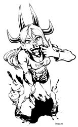 Rule 34 | 1girl, artist name, bare legs, belt, bleeding, blood, blood splatter, breasts, cat, chainsaw man, cleavage, dkirbyj, fang, fangs, female focus, finger in own mouth, hair between eyes, horns, long hair, long sleeves, looking at viewer, meowy (chainsaw man), monochrome, nosebleed, open mouth, power (chainsaw man), pool of blood, sharp teeth, shirt, shorts, sleeves past elbows, solo, standing, teeth, tongue, unusual pupils, watermark, white background