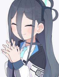 Rule 34 | 1girl, ^ ^, aqua halo, aris (blue archive), black hair, blue archive, blue necktie, blush, closed eyes, closed mouth, clothes writing, grey background, hair between eyes, halo, hands up, highres, interlocked fingers, jacket, kamo (kamonabe 44), long sleeves, necktie, own hands together, rectangular halo, shirt, side ponytail, simple background, smile, solo, upper body, white jacket, white shirt
