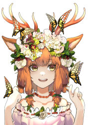 Rule 34 | 1girl, :d, animal ears, antlers, bare shoulders, bug, butterfly, butterfly on hair, butterfly on hand, choker, commentary, deer antlers, deer ears, deer girl, dot nose, english commentary, flower, frilled shirt, frills, head wreath, highres, hisui ill, horns, insect, open mouth, orange choker, orange hair, original, red flower, shirt, simple background, smile, solo, teeth, tongue, upper teeth only, white background, white flower, white shirt, yellow flower
