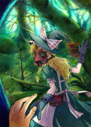 Rule 34 | 1girl, apron, blonde hair, bow, female focus, forest, gas mask, gloves, hat, kirisame marisa, long hair, mask, matilda (matildax), nature, outstretched hand, pov, solo, touhou, tree, witch hat
