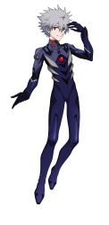 Rule 34 | 1boy, bai wang, blue bodysuit, bodysuit, closed mouth, commentary request, full body, grey hair, hand to head, highres, light smile, looking at viewer, male focus, nagisa kaworu, neon genesis evangelion, outstretched arms, pilot suit, plugsuit, pointy hair, red eyes, simple background, solo, white background