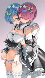 Rule 34 | 2girls, asahina hikage, blue eyes, blue hair, blush, breasts, cleavage, closed mouth, commentary request, detached sleeves, female focus, hair ornament, hair over one eye, highres, incest, large breasts, lifting another&#039;s clothes, looking at another, maid, maid headdress, matching hair/eyes, multiple girls, navel, panties, pink eyes, pink hair, ram (re:zero), re:zero kara hajimeru isekai seikatsu, rem (re:zero), short hair, siblings, sisters, smile, standing, striped clothes, striped panties, thighhighs, twincest, twins, underwear, white legwear, white panties, x hair ornament, yuri