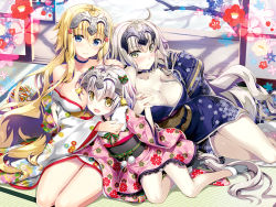 Rule 34 | 3girls, :d, adjusting hair, ahoge, arm up, bare legs, bare shoulders, bare tree, bell, between breasts, black choker, black footwear, black kimono, black panties, blonde hair, blue eyes, blush, bow, breast press, breasts, choker, cleavage, closed mouth, collarbone, day, fate/grand order, fate (series), floral print, fujima takuya, full body, fur-trimmed legwear, fur collar, fur trim, green bow, hair bow, hand in own hair, hand on another&#039;s head, head between breasts, headpiece, indoors, japanese clothes, jeanne d&#039;arc (fate), jeanne d&#039;arc (ruler) (fate), jeanne d&#039;arc alter (avenger) (fate), jeanne d&#039;arc alter (fate), jeanne d&#039;arc alter santa lily (fate), kimono, large breasts, light frown, long sleeves, looking at viewer, multiple girls, nose blush, obi, off shoulder, on floor, open mouth, panties, pantyshot, pink kimono, pom pom (clothes), reclining, ribbon, sash, seiza, shiny skin, sitting, sliding doors, smile, socks, striped ribbon, sunlight, tabi, tareme, tatami, thigh gap, tree, underwear, white hair, white kimono, wide sleeves, yellow eyes