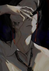 Rule 34 | 1boy, black background, black hair, choujin x, highres, mask, necktie, noh mask, noh mask (choujin x), noose, removing mask, scar, shirt, simple background, sitou 123, stitched face, stitches, too many, too many scars, white shirt