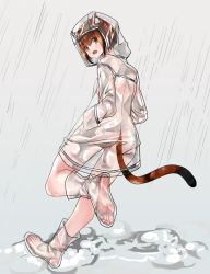 Rule 34 | 1girl, :o, animal ear fluff, animal ears, back, boots, brown eyes, brown hair, cat ears, cat girl, cat tail, commentary, eiji (eiji), english commentary, fang, feet, full body, grey background, hands in pockets, hood, hood up, looking at viewer, looking back, meme, naked raincoat, personification, rain, raincoat, real life, rubber boots, see-through, short hair, simple background, soles, solo, standing, standing on one leg, tail, toes, water drop