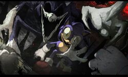 Rule 34 | 1boy, black eyes, black sun, claws, exe (revie), faker (revie), gloves, highres, imminent attack, looking at viewer, multiple forms, open mouth, sharp teeth, shefki, smile, sonic.exe, sonic (series), sonic the hedgehog, sun, teeth, transformation, white gloves