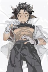 Rule 34 | 1boy, abs, animal ears, arknights, black hair, black pants, black shirt, cow boy, cow ears, cow horns, fingerless gloves, furry, furry male, gloves, highres, horns, kokicollll, looking at viewer, lying, male focus, on back, on bed, open mouth, pants, pectorals, shirt, wan qing (arknights), white gloves