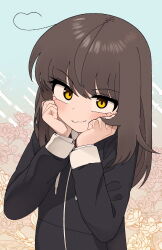 Rule 34 | 1girl, ahoge, black jacket, blush, brown hair, closed mouth, drawstring, floral background, han nuri, hands on own cheeks, hands on own face, heart, heart ahoge, highres, jacket, long hair, looking at viewer, nakta, upper body, yellow eyes, you&#039;re under my skin!
