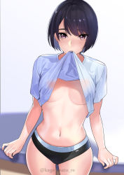 Rule 34 | 1girl, absurdres, black hair, black panties, blurry, blurry background, breasts, clothes in mouth, clothes lift, cowboy shot, highres, kagematsuri, looking at viewer, midriff, mouth hold, navel, no bra, original, panties, purple eyes, shirt, shirt in mouth, shirt lift, short hair, small breasts, solo, stomach, twitter username, underboob, underwear, white shirt
