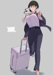 Rule 34 | 1girl, anosillus ii, belt, black belt, black jacket, black pants, breasts, brown eyes, collared shirt, earrings, glasses, green hair, grey background, gridman universe, high-waist pants, highres, id card, jacket, jewelry, large breasts, pants, rolling suitcase, sekisouseki, shirt, shirt tucked in, smile, solo, ssss.dynazenon, suit jacket, suitcase