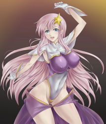 Rule 34 | 00s, 1girl, blue eyes, blush, breasts, dtcy, covered erect nipples, gloves, gundam, gundam seed, gundam seed destiny, hair ornament, highleg, large breasts, leotard, long hair, looking at viewer, meer campbell, open mouth, pink hair, smile, solo, star (symbol), star hair ornament
