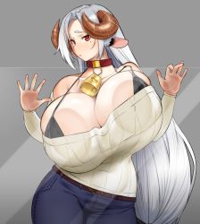 Rule 34 | 1girl, against glass, animal ears, bare shoulders, bell, belt, blaccura, black bra, bra, bralines, breast press, breasts, breasts on glass, cleavage, collar, commission, covered navel, cow ears, cowbell, curled horns, curvy, denim, grey background, heart, highres, horns, huge breasts, jeans, long hair, low-tied long hair, mole, mole under eye, neck bell, off-shoulder, off-shoulder sweater, off shoulder, original, pants, parted bangs, plump, red eyes, ribbed sweater, silver hair, simple background, solo, standing, sweater, underwear, very long hair, white sweater