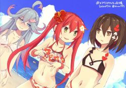 Rule 34 | 3girls, ahoge, alice (mary skelter), alt text, beach, blue hair, breasts, brown hair, cleavage, collarbone, commentary request, hair between eyes, long hair, mermaid (mary skelter), multiple girls, navel, oyayubihime (mary skelter), red hair, sand, sky, small breasts, swimsuit, twintails, zinan