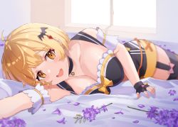 Rule 34 | 1girl, ahoge, bare shoulders, bat hair ornament, bed, black choker, blonde hair, breasts, check commentary, choker, cleavage, collarbone, commentary request, detached sleeves, fingerless gloves, flower, frills, garter straps, gloves, hair ornament, hairclip, haru yu, highres, hololive, indoors, kneehighs, large breasts, looking at viewer, lying, open mouth, orange eyes, ribbon, short hair, short sleeves, single garter strap, single kneehigh, single sock, single thighhigh, smile, socks, solo, thighhighs, vampire, virtual youtuber, window, yellow ribbon, yozora mel, yozora mel (2nd costume)