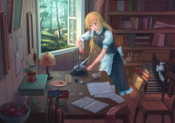 Rule 34 | 1girl, apron, bag, bird, birdcage, black hat, black skirt, black vest, blonde hair, book, bookshelf, bottle, bow, bowl, box, breasts, broom, cage, chair, commentary request, crumpled paper, cup, flask, flower pot, forest, hair between eyes, hat, hat bow, highres, indoors, kirisame marisa, lamp, long hair, looking at another, medium breasts, mug, nature, open book, open window, paper, petticoat, picture frame, plant, plate, puffy short sleeves, puffy sleeves, roke (taikodon), satchel, shirt, short sleeves, skirt, solo, standing, touhou, unworn hat, unworn headwear, vest, waist apron, white apron, white bow, white shirt, window, witch hat, wooden floor, yellow eyes