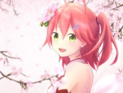 Rule 34 | 1girl, ahoge, armband, armpits, bare back, bare shoulders, branch, breasts, cherry blossoms, flower, from side, green eyes, hair between eyes, hair ornament, hair tie, hairclip, hololive, medium breasts, medium hair, nontraditional miko, open mouth, outdoors, petals, pink hair, ragi sino07, sakura miko, sakura miko (old design), shoulder blades, side ponytail, smile, solo, upper body, virtual youtuber