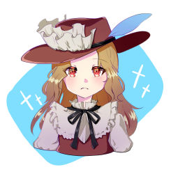 Rule 34 | 1girl, black neckwear, black ribbon, blonde hair, brown hat, brown vest, collared shirt, dolls in pseudo paradise, extra, face, frilled hat, frilled shirt collar, frills, gin koucha, hat, hat feather, highres, jacket girl (dipp), long hair, red eyes, ribbon, shirt, simple background, touhou, two-tone background, vest, wavy hair, white shirt, white sleeves