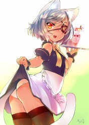 Rule 34 | 1girl, animal ears, apron, arched back, ass, bad id, bad pixiv id, black thighhighs, bob cut, cat ears, chiha (abo ecm mk25), clothes lift, cowboy shot, detached sleeves, drink, eyepatch, from behind, holding, leaning forward, lifting own clothes, looking at viewer, looking back, maid, neck ribbon, open mouth, orange eyes, original, panties, parfait, puffy short sleeves, puffy sleeves, ribbon, shiny skin, short hair, short sleeves, signature, skirt, skirt lift, solo, standing, tail, thighhighs, tray, underwear, waist apron, white apron, white hair, white panties, wrist cuffs, zettai ryouiki
