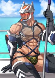 Rule 34 | 1boy, 1hao (@cerbero64), abs, absurdres, algernon (housamo), bara, bare shoulders, beach, between pectorals, blush, bulge, camouflage, camouflage male swimwear, chest harness, colored sclera, embarrassed, feet out of frame, green male swimwear, harness, helmet, highres, male focus, male swimwear, muscular, muscular male, navel, nipples, official alternate costume, pectorals, planted, print male swimwear, print thong, red eyes, see-through, sitting, solo, swimsuit, thick thighs, thighs, thong, tokyo houkago summoners, water, yellow sclera