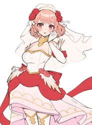 Rule 34 | 1girl, absurdres, blush, boots, bow, breasts, bridal veil, bride, detached sleeves, dress, fire emblem, fire emblem engage, fire emblem heroes, flower, gloves, gold trim, gonzarez, hairband, halterneck, highres, lapis (fire emblem), lapis (mighty bride) (fire emblem), looking at viewer, medium breasts, nintendo, official alternate costume, pink eyes, pink hair, red flower, red rose, rose, solo, thigh boots, two-tone hairband, unfinished, veil, wedding dress, white dress, white gloves, white hairband, yellow hairband