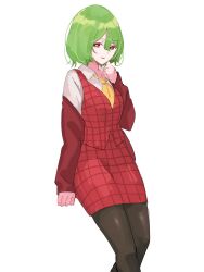 Rule 34 | 1girl, ascot, black pantyhose, collared shirt, commentary, green hair, highres, kazami yuuka, long sleeves, looking at viewer, pantyhose, plaid, plaid skirt, plaid vest, red eyes, red skirt, red vest, shirt, short hair, simple background, skirt, smile, solo, tohoyuukarin, touhou, vest, white background, white shirt, yellow ascot