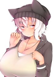 Rule 34 | 1girl, alternate costume, beanie, breasts, closed mouth, collarbone, contemporary, hat, highres, hood, hoodie, huge breasts, inubashiri momiji, jewelry, long sleeves, necklace, open clothes, open hoodie, red eyes, seductive smile, shishi juuroku, short hair, smile, solo, thick eyebrows, touhou, upper body, wavy mouth, white hair