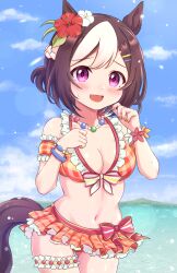 Rule 34 | 1girl, absurdres, alternate costume, animal ears, blurry, blurry background, blush, breasts, collarbone, flower, hair between eyes, hair flower, hair ornament, hairclip, highres, horse ears, horse girl, horse tail, jewelry, looking at viewer, medium breasts, medium hair, mochitsuki wataame, mountain, navel, necklace, ocean, open mouth, purple eyes, ribbon, sky, solo, special week (hopping vitamin heart) (umamusume), special week (umamusume), swimsuit, tail, umamusume