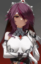 Rule 34 | bare shoulders, breasts, brooch, closed mouth, elbow gloves, gem, genshin impact, gloves, gradient background, grey background, highres, holding, holding weapon, impossible clothes, jewelry, kunai, looking at viewer, medium breasts, multicolored hair, purple hair, raiya atelier, red eyes, rosaria (genshin impact), short hair, sleeveless, streaked hair, two-tone hair, upper body, veil, weapon, white gloves