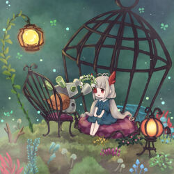 Rule 34 | 1girl, antenna hair, blue dress, cage, commentary request, cushion, dress, enodin, full body, grass, grey hair, highres, lantern, long hair, looking at another, low twintails, missing eye, mushroom, open mouth, red eyes, robot, sitting, smile, toriko (void terrarium), twintails, void terrarium