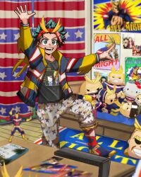 Rule 34 | 1boy, :d, action figure, aged down, all might, all might (cosplay), alternate costume, american flag, american flag print, arm up, artist name, backpack, bag, bakugou katsuki, bangs pinned back, bed, birthday, birthday cake, blanket, blonde hair, blue sky, blurry, boku no hero academia, bright pupils, burnt, cake, candle, character doll, character hat, character hood, character name, character pillow, character print, clenched hand, clothes writing, cloud, collarbone, collared shirt, commentary, cosplay, curly hair, curtains, dark green hair, depth of field, drawstring, dress shirt, english commentary, fingersmile, flag print, floating clothes, food, foot out of frame, freckles, gakuran, green eyes, green hair, hairband, hand up, happy, heart, hello kitty, hello kitty (character), hello kitty print, highres, hood, hood down, hooded jacket, imitating, indoors, jacket, knee up, kneehighs, latin text, long sleeves, looking at viewer, male focus, merchandise, midoriya inko, midoriya izuku, multicolored clothes, multicolored jacket, notebook, open clothes, open hand, open jacket, open mouth, outstretched arms, outstretched hand, pants, pants rolled up, perspective, photo (object), polka dot, poster (object), print shirt, rug, sanrio, school uniform, shirt, short hair, single horizontal stripe, sky, smile, socks, solo, sony (gaysony), spiked hair, standing, standing on one leg, star (symbol), superhero costume, t-shirt, table, v-shaped eyebrows, white pupils, white shirt, yagi toshinori, yellow bag