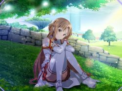 Rule 34 | 1girl, armor, asuna (sao), braid, breastplate, brown eyes, brown hair, closed mouth, crossed arms, day, detached sleeves, feet out of frame, french braid, game cg, head tilt, long hair, long sleeves, miniskirt, outdoors, pleated skirt, red skirt, sitting, skirt, smile, solo, sword art online, sword art online: alicization rising steel, thighhighs, very long hair, waist cape, white sleeves, white thighhighs, zettai ryouiki