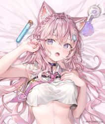 Rule 34 | 1girl, :o, ahoge, animal ear fluff, animal ears, antenna hair, arm up, armpits, bare arms, bare shoulders, bed sheet, black choker, blush, braid, breasts, choker, collared shirt, copyright name, crop top, crop top overhang, cropped shirt, crown braid, fang, frilled shirt, frills, hair between eyes, hair ornament, hakui koyori, hand on own chest, hand up, heart, hexagon, hololive, large breasts, long hair, looking at viewer, lying, midriff, momoko (momopoco), nail polish, necktie, official art, on back, on bed, open mouth, pink hair, pink nails, pink necktie, pocket watch, purple eyes, shirt, sleeveless, sleeveless shirt, solo, test tube, underboob, upper body, very long hair, virtual youtuber, watch, white shirt, wolf ears, wolf girl