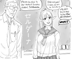 Rule 34 | 1boy, 1girl, :d, bad id, bb (baalbuddy), blunt bangs, blush, board eraser, breast pocket, chalkboard, collared shirt, commentary, elf, english commentary, english text, glasses, greyscale, head tilt, heart, highres, inactive account, long sleeves, looking at viewer, monochrome, neckerchief, necktie, opaque glasses, open mouth, original, pen in pocket, pleated skirt, pocket, pointy ears, ponytail, sailor collar, school, school uniform, seldaana (baalbuddy), serafuku, shirt, simple background, skirt, smile, spoken heart, standing, translated, white background, wing collar