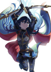 Rule 34 | 1girl, absurdres, armor, armored boots, arms up, arrow (projectile), belt, black gloves, blue eyes, blue hair, bodysuit, boots, bow (weapon), cape, cowboy shot, fire emblem, fire emblem awakening, fire emblem heroes, floating hair, gauntlets, gloves, hair between eyes, highres, long hair, looking at viewer, lucina (fire emblem), nintendo, ribbed bodysuit, simple background, solo, sumire l.a., tiara, turtleneck, weapon, white background